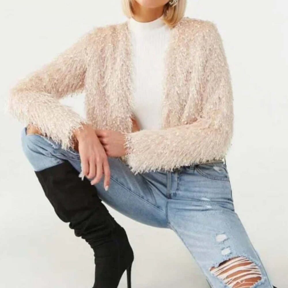 Forever 21 Cream Fringe Faux Fur Crop Shrug Jacket